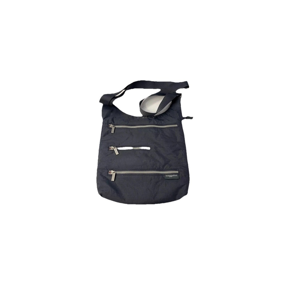 Baggallini Crossbody Bag‎ Purse Black Nylon Multi Pocket Zipper Red Interior
